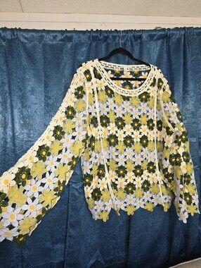 Cato Crochet Daisy Mesh Top in White, Yellow & Green